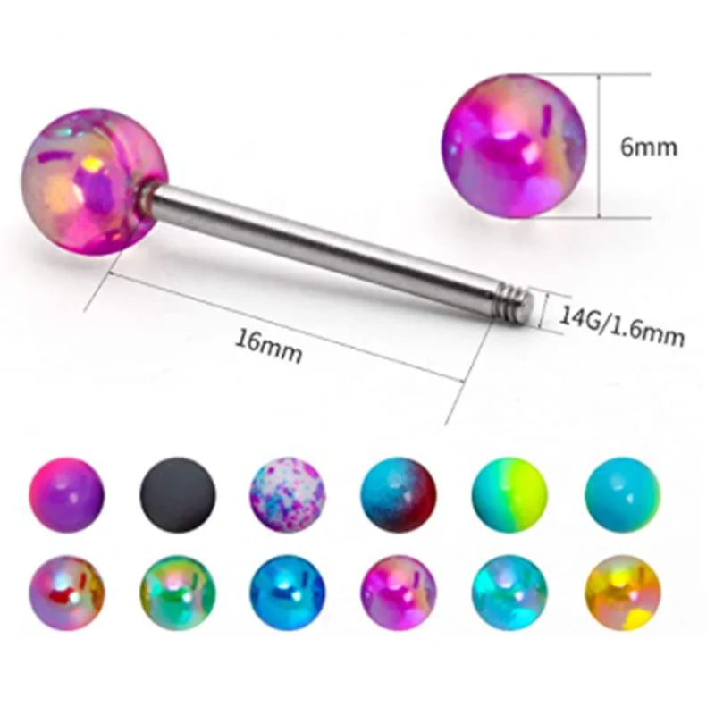 6PCS Stainless Steel Glorious Tongue Ring Bulk 14G Nipple Piercing Bar Lot Glitter Tongue Piercing Set Barbell Piercing Jewelry