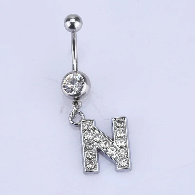 1Pc Letter Belly Button Ring Rhinestone Alphabet Pendant Navel Body Piercing Jewelry Silver Colour Nombril Piercing Gift Women