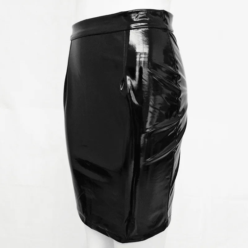 CHSDCSI Black Sexy women's Leather Skirts Streetwear Club Solid clothes Shiny High Waist pencil Skirt Lady Red Lady Skinny Skirt