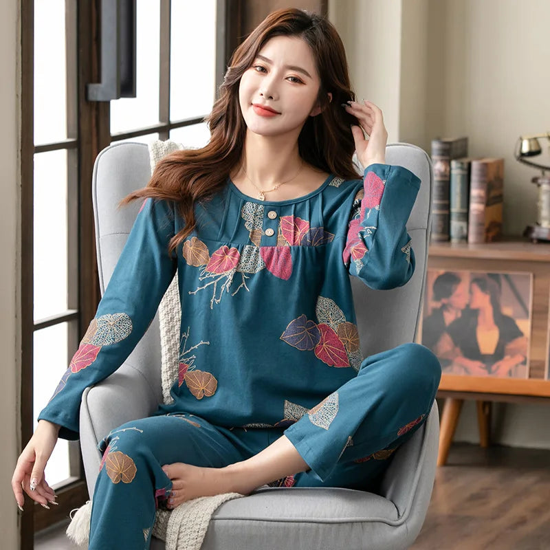 Big yards M-4XL v-neck long sleeve pajamas set for women floral print nightwear autumn cotton sleepwear nightie female pyjama