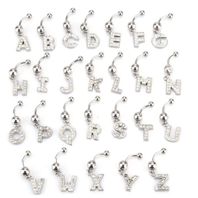 1Pc Letter Belly Button Ring Rhinestone Alphabet Pendant Navel Body Piercing Jewelry Silver Colour Nombril Piercing Gift Women