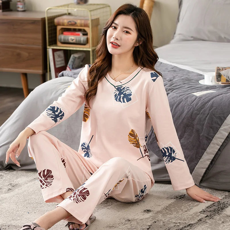 Big yards M-4XL v-neck long sleeve pajamas set for women floral print nightwear autumn cotton sleepwear nightie female pyjama