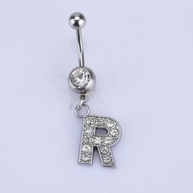 1Pc Letter Belly Button Ring Rhinestone Alphabet Pendant Navel Body Piercing Jewelry Silver Colour Nombril Piercing Gift Women