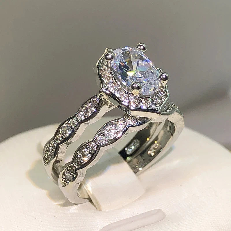 925 Silver New Arrival Four Claw Round Zircon Double Rings For Ladies Party Birthday Jewelry Gift