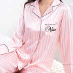 2 Piece Personalized Name Women Sleepwear Faux Silk Satin Pajamas Set Long Sleeve Sleepwear Pajamas Suit Female Homewear