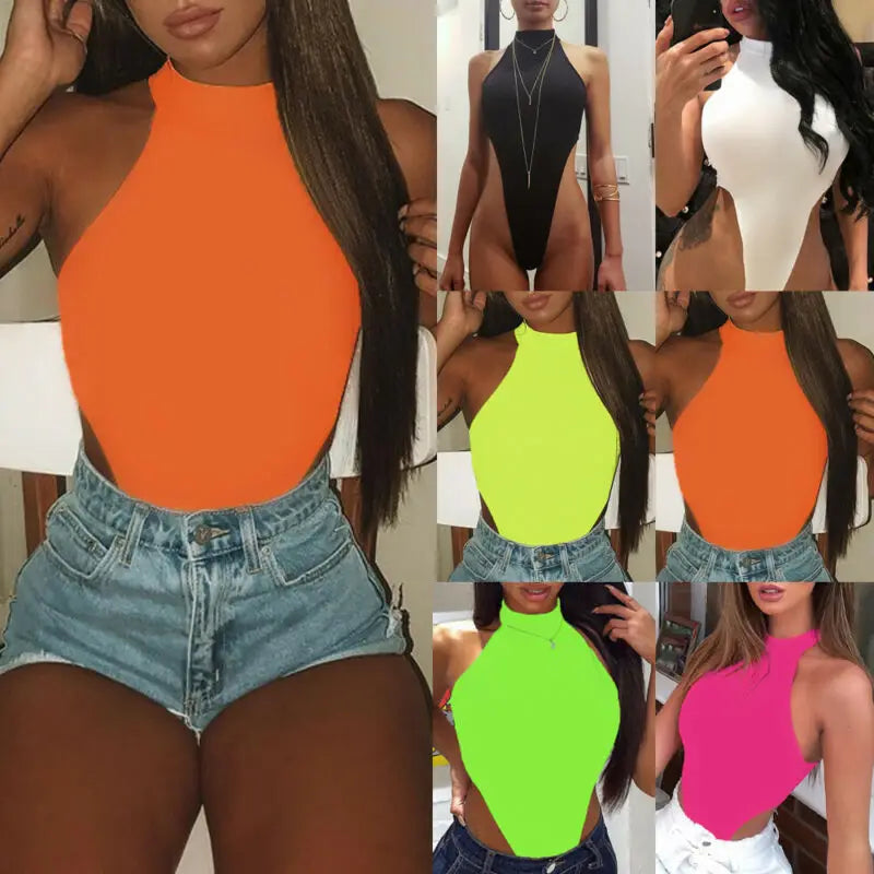 2021 Sexy Women Halter Bodysuits High Cut Bodycon Leotard Tops Summer Fashion Female Solid Sleeveless Bodysuits Bottomed Tops
