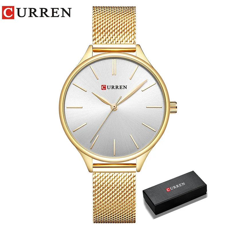 CURREN Original Women's Luxury Watch Matte Dial Japanese Quartz Movement Stainless Steel Mesh Strap with Box
