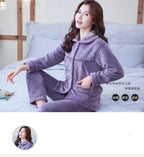 Autumn Winter Thicken Flannel Women Pajamas Set Two-piece suit Warm Loose Long-sleeve Female Casual Home service Single-breasted