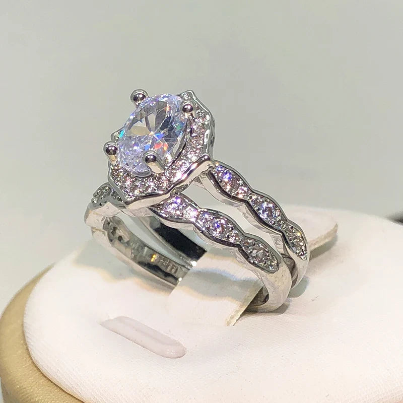 925 Silver New Arrival Four Claw Round Zircon Double Rings For Ladies Party Birthday Jewelry Gift