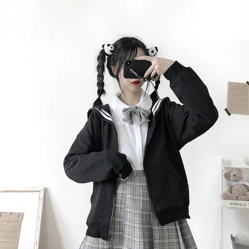 Deeptown Kawaii Zip Up Hoodies Black Japanese Preppy Style Sailor Collar Sweatshirts Sweet Lolita Coats Loose Cute Top Soft Girl