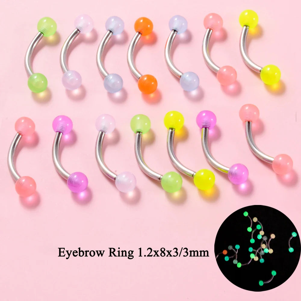 10/14pcs/Set Luminous Surgical Steel Tongue BCR Navel Belly Ring Acrylic Glow in the Dark Ball Labret Stud Body Piercing Jewelry