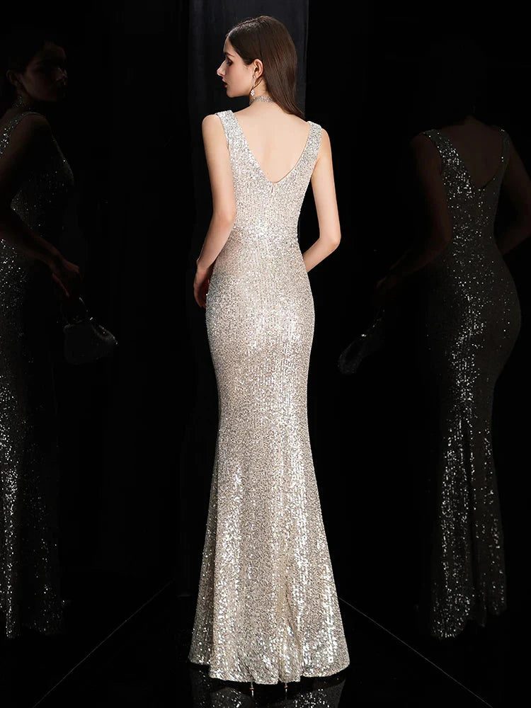 DEERVEADO Elegant V Neck Sequin Evening Dress Long 2025 New Women Mermaid Formal Dress Party Gown Bodycon Maxi Prom Dress