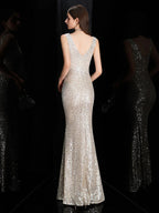 DEERVEADO Elegant V Neck Sequin Evening Dress Long 2025 New Women Mermaid Formal Dress Party Gown Bodycon Maxi Prom Dress