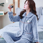 Autumn Winter Thicken Flannel Women Pajamas Set Two-piece suit Warm Loose Long-sleeve Female Casual Home service Single-breasted