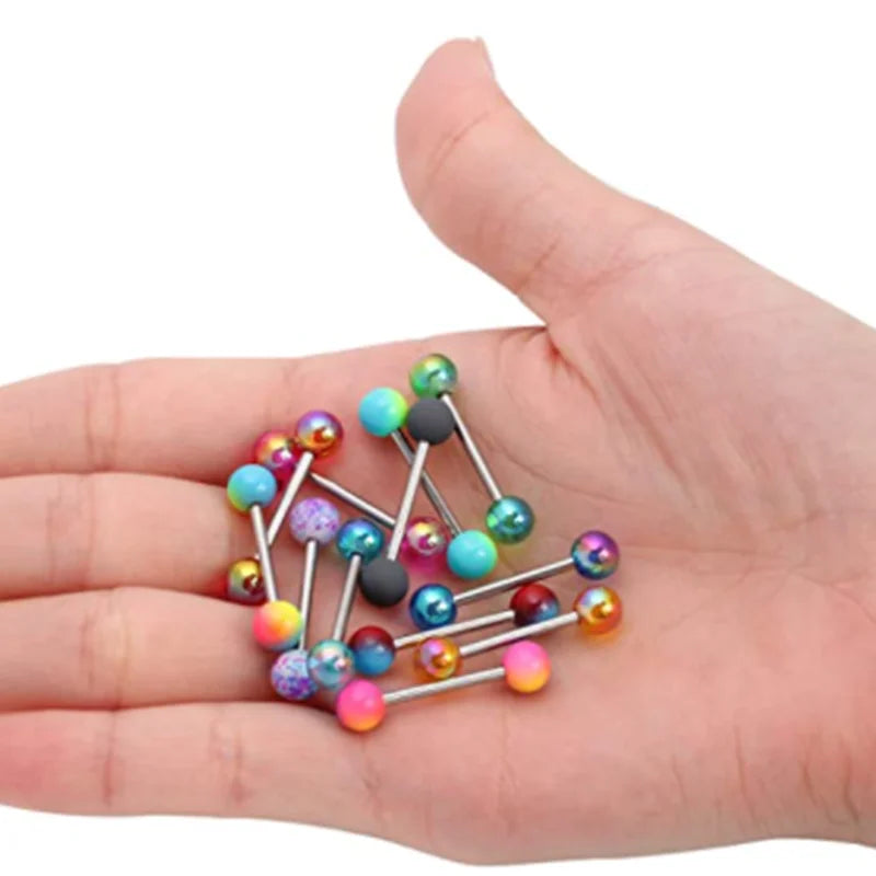 6PCS Stainless Steel Glorious Tongue Ring Bulk 14G Nipple Piercing Bar Lot Glitter Tongue Piercing Set Barbell Piercing Jewelry