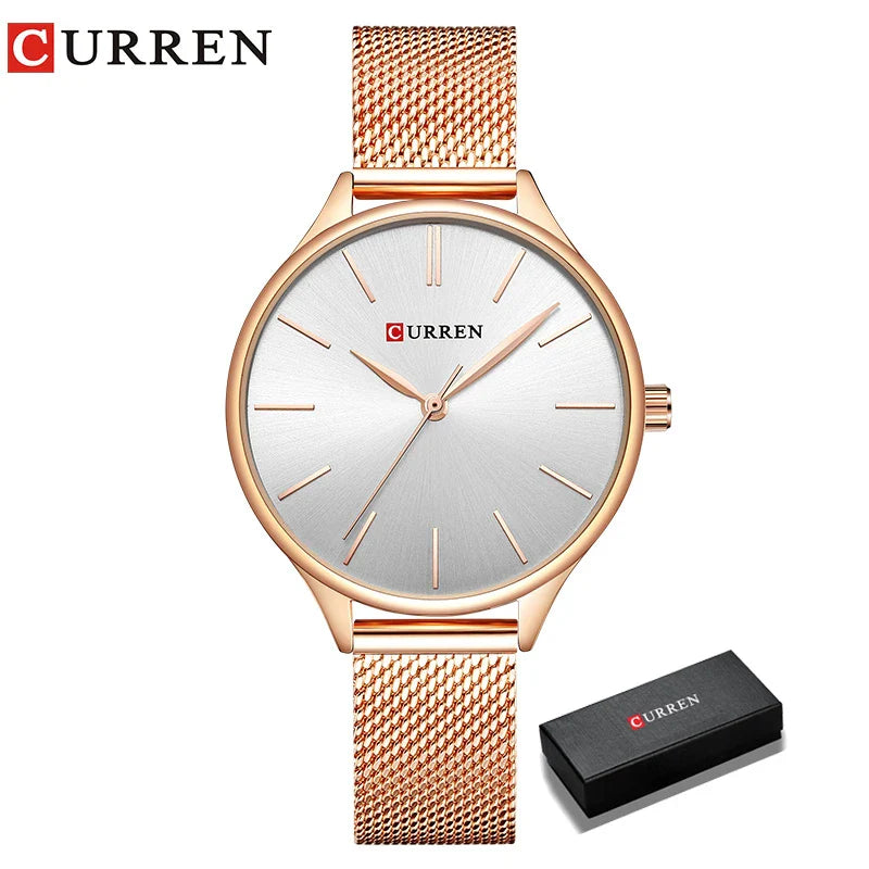 CURREN Original Women's Luxury Watch Matte Dial Japanese Quartz Movement Stainless Steel Mesh Strap with Box