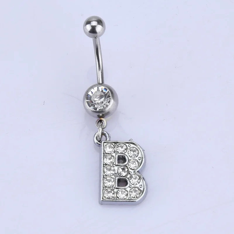 1Pc Letter Belly Button Ring Rhinestone Alphabet Pendant Navel Body Piercing Jewelry Silver Colour Nombril Piercing Gift Women