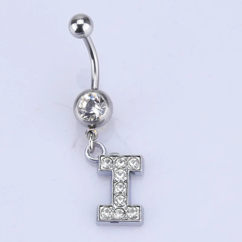 1Pc Letter Belly Button Ring Rhinestone Alphabet Pendant Navel Body Piercing Jewelry Silver Colour Nombril Piercing Gift Women