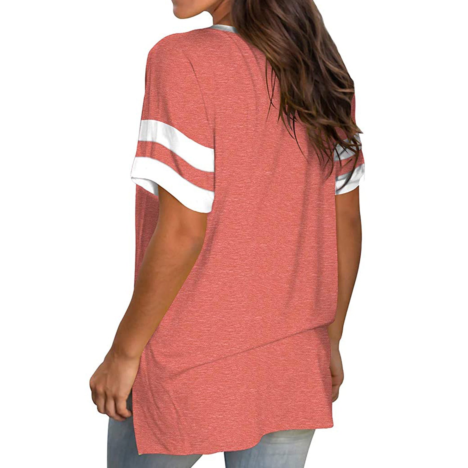 2024 Europe and the United States spring and summer new women's base shirt solid color V-neck splicing short sleeve loose T-shir