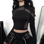 AltGoth Dark Punk Cyber T-shirt Women Gothic Streetwear Mesh Patchwork Long Sleeve O-neck Crop Tee Tops Harajuku Sexy Clothes