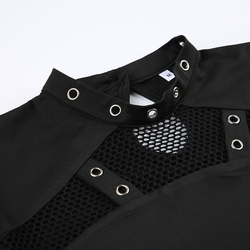 AltGoth Dark Punk Cyber T-shirt Women Gothic Streetwear Mesh Patchwork Long Sleeve O-neck Crop Tee Tops Harajuku Sexy Clothes