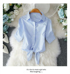 2023 Fashion Solid Color White Women Shirt Casual Blouses Autumn Half Sleeve Elegant Office Lady Tops 19870