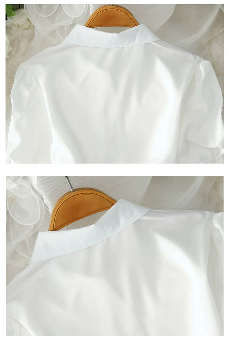2023 Fashion Solid Color White Women Shirt Casual Blouses Autumn Half Sleeve Elegant Office Lady Tops 19870
