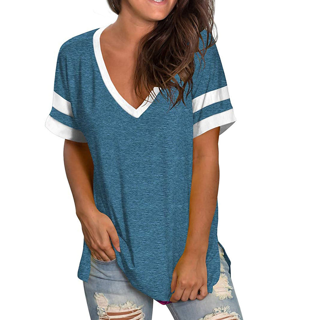 2024 Europe and the United States spring and summer new women's base shirt solid color V-neck splicing short sleeve loose T-shir