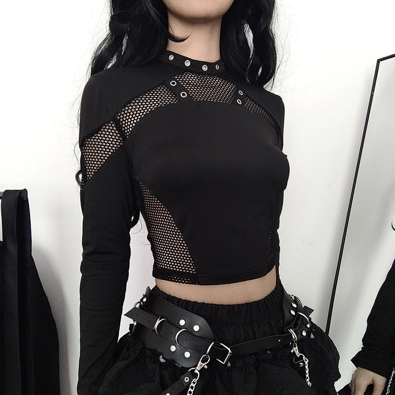AltGoth Dark Punk Cyber T-shirt Women Gothic Streetwear Mesh Patchwork Long Sleeve O-neck Crop Tee Tops Harajuku Sexy Clothes
