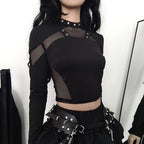 AltGoth Dark Punk Cyber T-shirt Women Gothic Streetwear Mesh Patchwork Long Sleeve O-neck Crop Tee Tops Harajuku Sexy Clothes