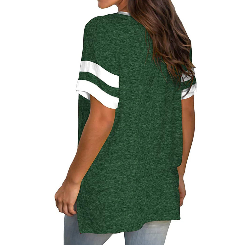 2024 Europe and the United States spring and summer new women's base shirt solid color V-neck splicing short sleeve loose T-shir