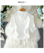 2023 Fashion Solid Color White Women Shirt Casual Blouses Autumn Half Sleeve Elegant Office Lady Tops 19870