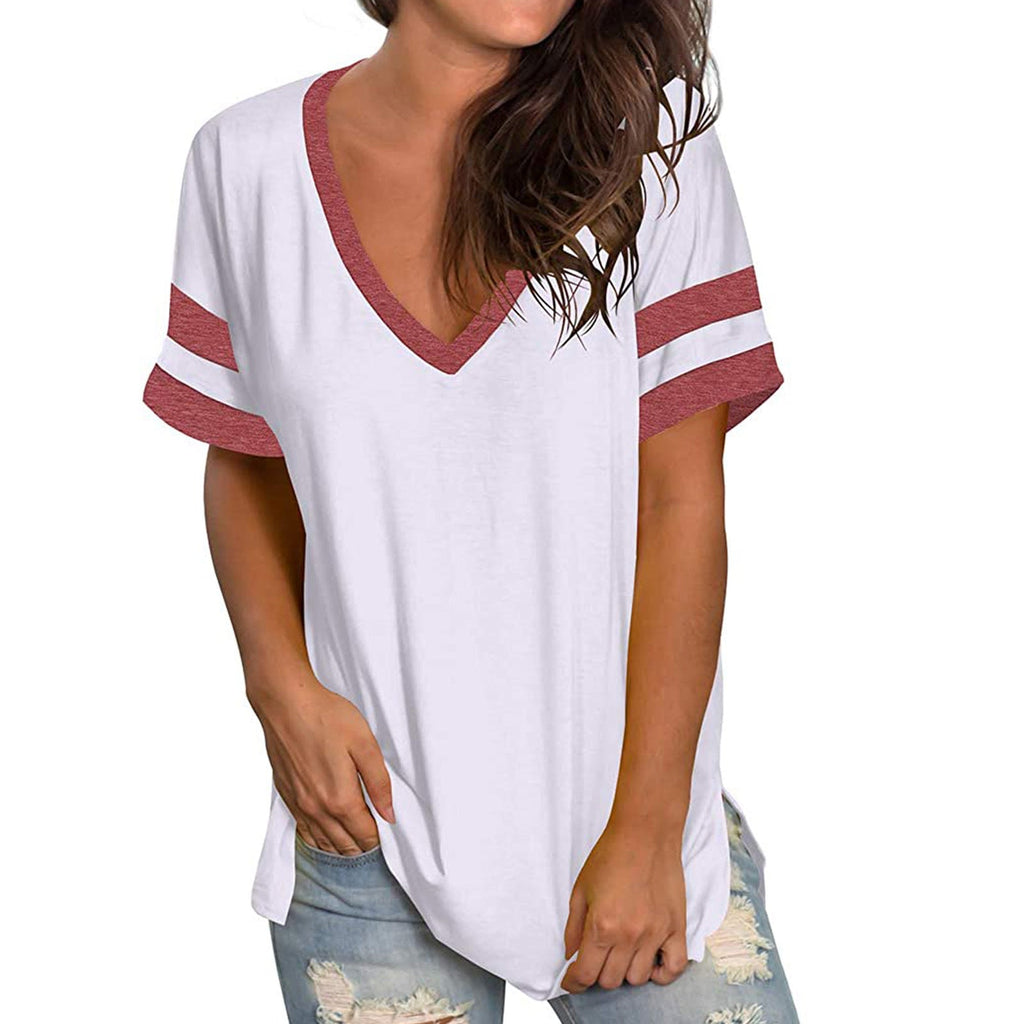 2024 Europe and the United States spring and summer new women's base shirt solid color V-neck splicing short sleeve loose T-shir