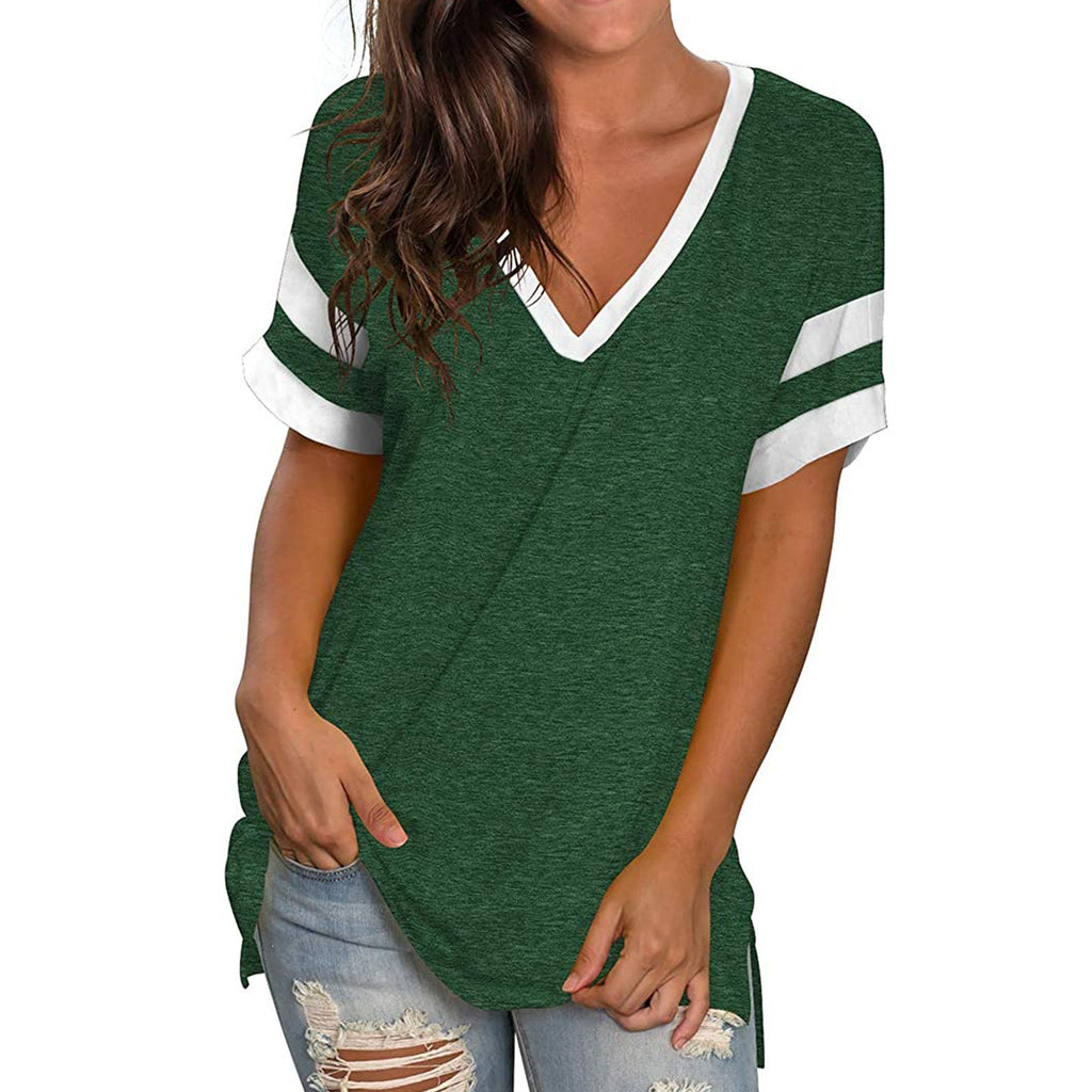 2024 Europe and the United States spring and summer new women's base shirt solid color V-neck splicing short sleeve loose T-shir