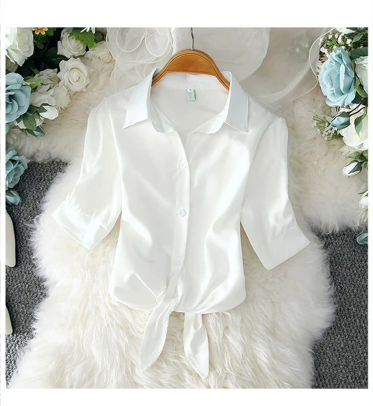 2023 Fashion Solid Color White Women Shirt Casual Blouses Autumn Half Sleeve Elegant Office Lady Tops 19870