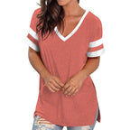 2024 Europe and the United States spring and summer new women's base shirt solid color V-neck splicing short sleeve loose T-shir