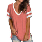 2024 Europe and the United States spring and summer new women's base shirt solid color V-neck splicing short sleeve loose T-shir