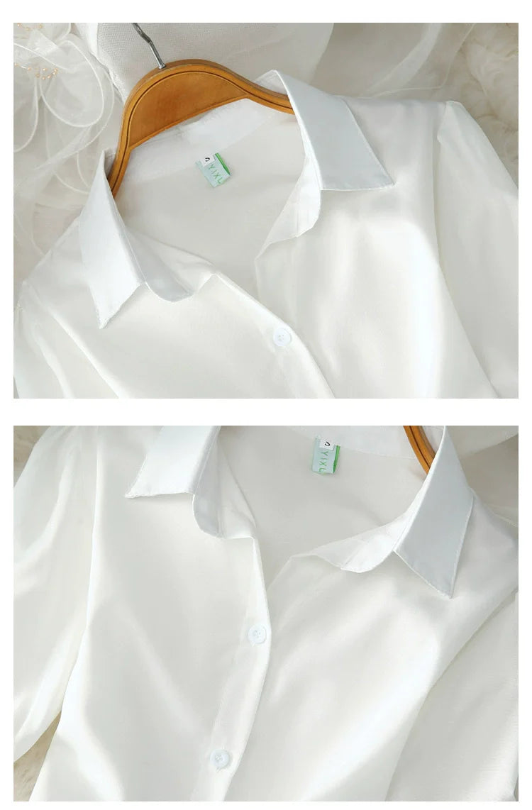 2023 Fashion Solid Color White Women Shirt Casual Blouses Autumn Half Sleeve Elegant Office Lady Tops 19870