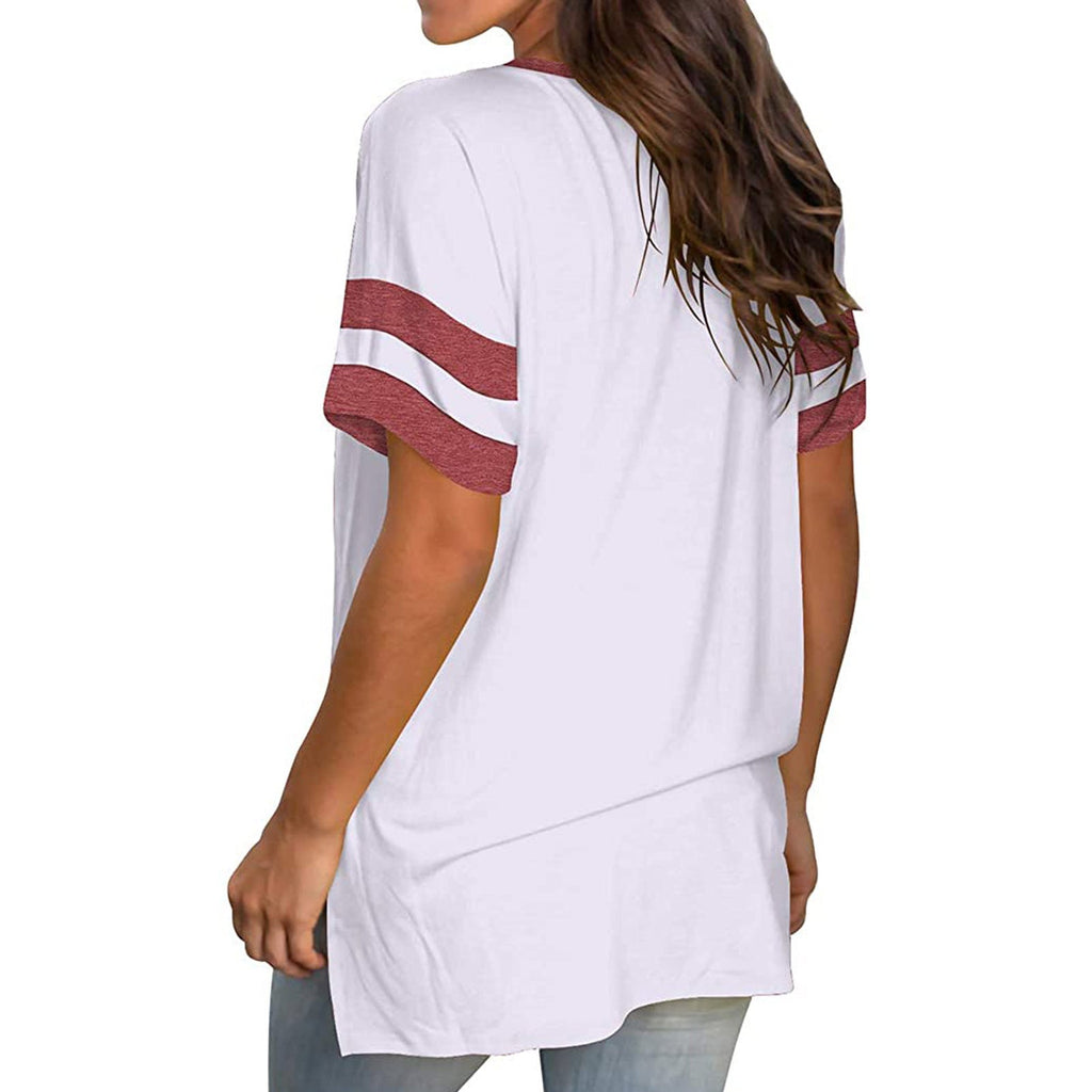 2024 Europe and the United States spring and summer new women's base shirt solid color V-neck splicing short sleeve loose T-shir