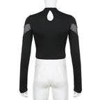 AltGoth Dark Punk Cyber T-shirt Women Gothic Streetwear Mesh Patchwork Long Sleeve O-neck Crop Tee Tops Harajuku Sexy Clothes