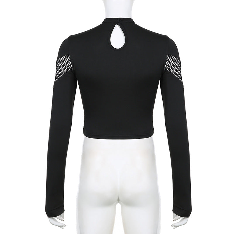 AltGoth Dark Punk Cyber T-shirt Women Gothic Streetwear Mesh Patchwork Long Sleeve O-neck Crop Tee Tops Harajuku Sexy Clothes