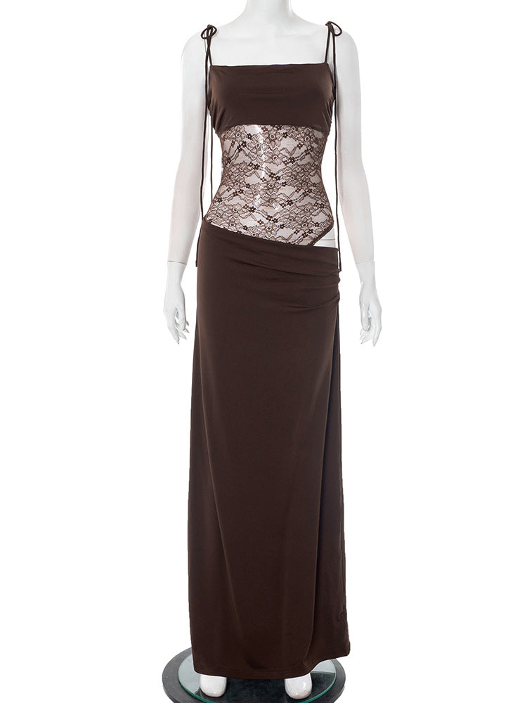 Elegant Lace Cut Out Maxi Dresses for Women 2025 Sexy Spaghetti Strap Patchwork Holidays Party Dress Summer Backless Long Dress