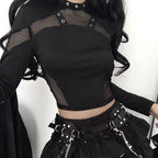 AltGoth Dark Punk Cyber T-shirt Women Gothic Streetwear Mesh Patchwork Long Sleeve O-neck Crop Tee Tops Harajuku Sexy Clothes