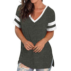 2024 Europe and the United States spring and summer new women's base shirt solid color V-neck splicing short sleeve loose T-shir