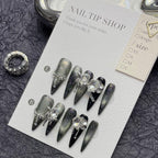 10pcs Ballet Acrylic Long Stiletto Black Glitter Sweet Cool Artificial Nails with Glue Handmade False Nails Y2k Stick on Nails