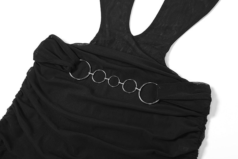 Gtpdpllt See Through Mesh Summer Dresses For Women 2024 Ruffle Backless Low-cut Mini Party Dress Sexy Black Club Y2K Outfits