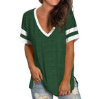 2024 Europe and the United States spring and summer new women's base shirt solid color V-neck splicing short sleeve loose T-shir