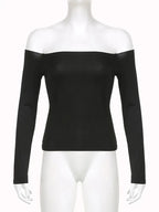 Black Solid Slash Neck Elegant Long Sleeve Tops Korean Fashion Slim Sexy Cropped T Shirt Women Fall Clothing