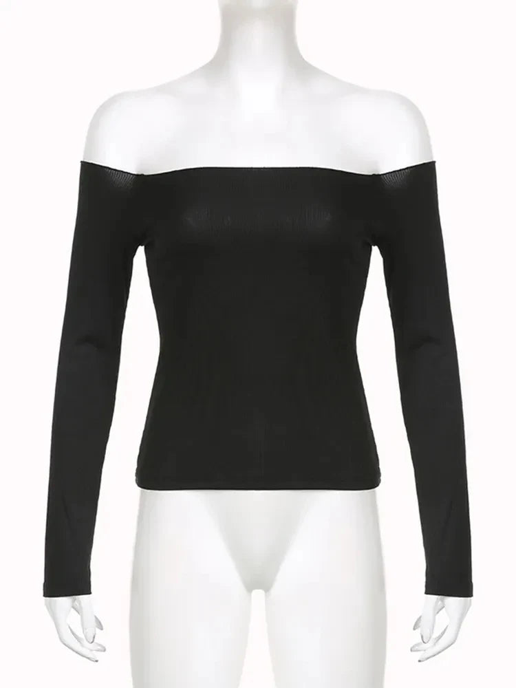 Black Solid Slash Neck Elegant Long Sleeve Tops Korean Fashion Slim Sexy Cropped T Shirt Women Fall Clothing