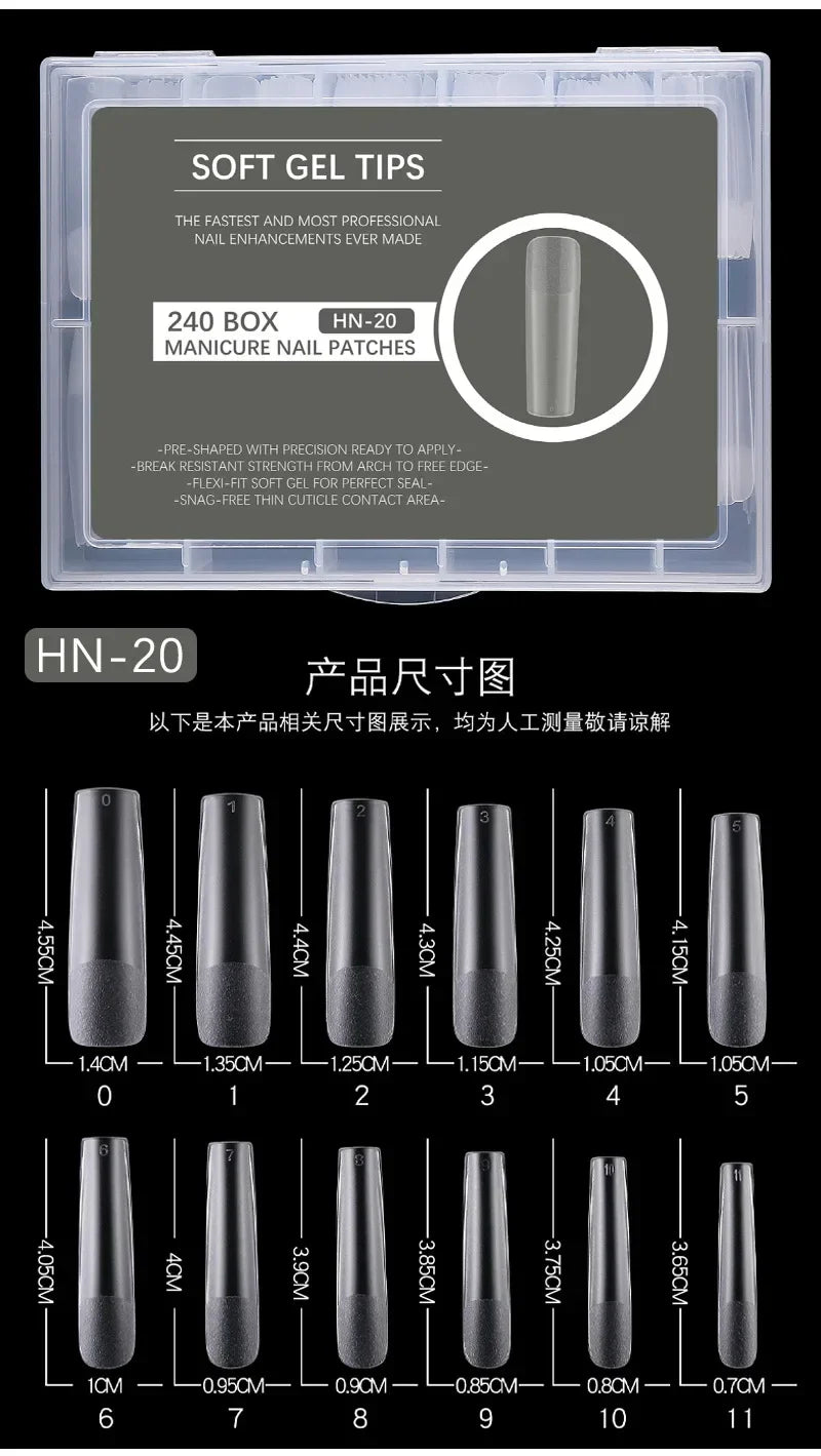 240PCs Extra Long XXL Size False Nail Tips Soft Gel Coffin Square Almond Fake Nail Tips Half Matte No Trace Traceless Nails